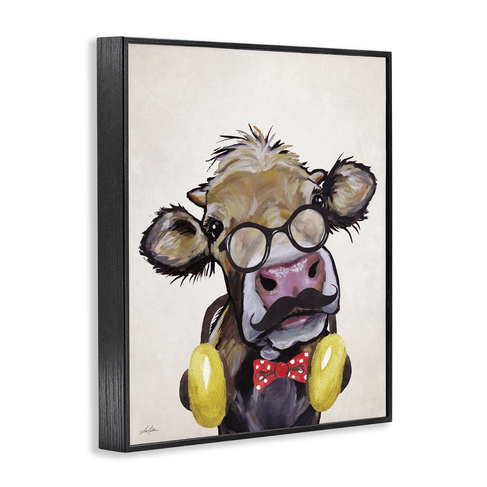 Stupell Industries Hipster Cow & Headphones Animals & Insects Painting Black Framed Art Print Wall Art, 24 x 30