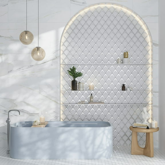 Solace 12x9 White Metallic Silver Glass Mosaic Diamond Wall Tile (3.91 sq ft/case) - 5 Pack