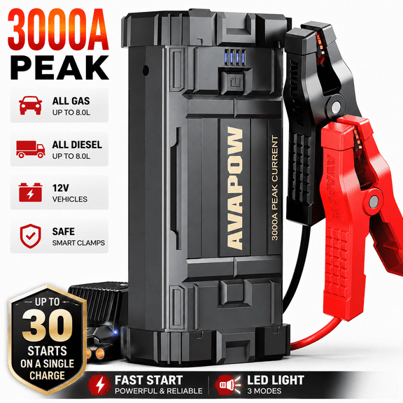 AVAPOW Car Jump Starter, 3000A Peak 23800mAh Battery Jump Booster, 12V Portable Jump Box for Up to 8L Gas 8L Diesel Engine, Battery Starter with Jumper Cables, LCD Display, Lights