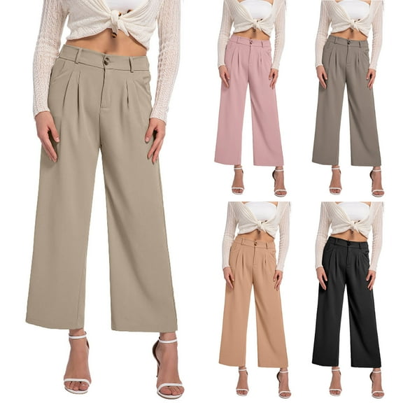 Stylish Olyvenn Women Dress Pants High Waisted Wide Leg Pants Business Casual Flowy Loose Palazzo Trousers with Pockets Beige XXL