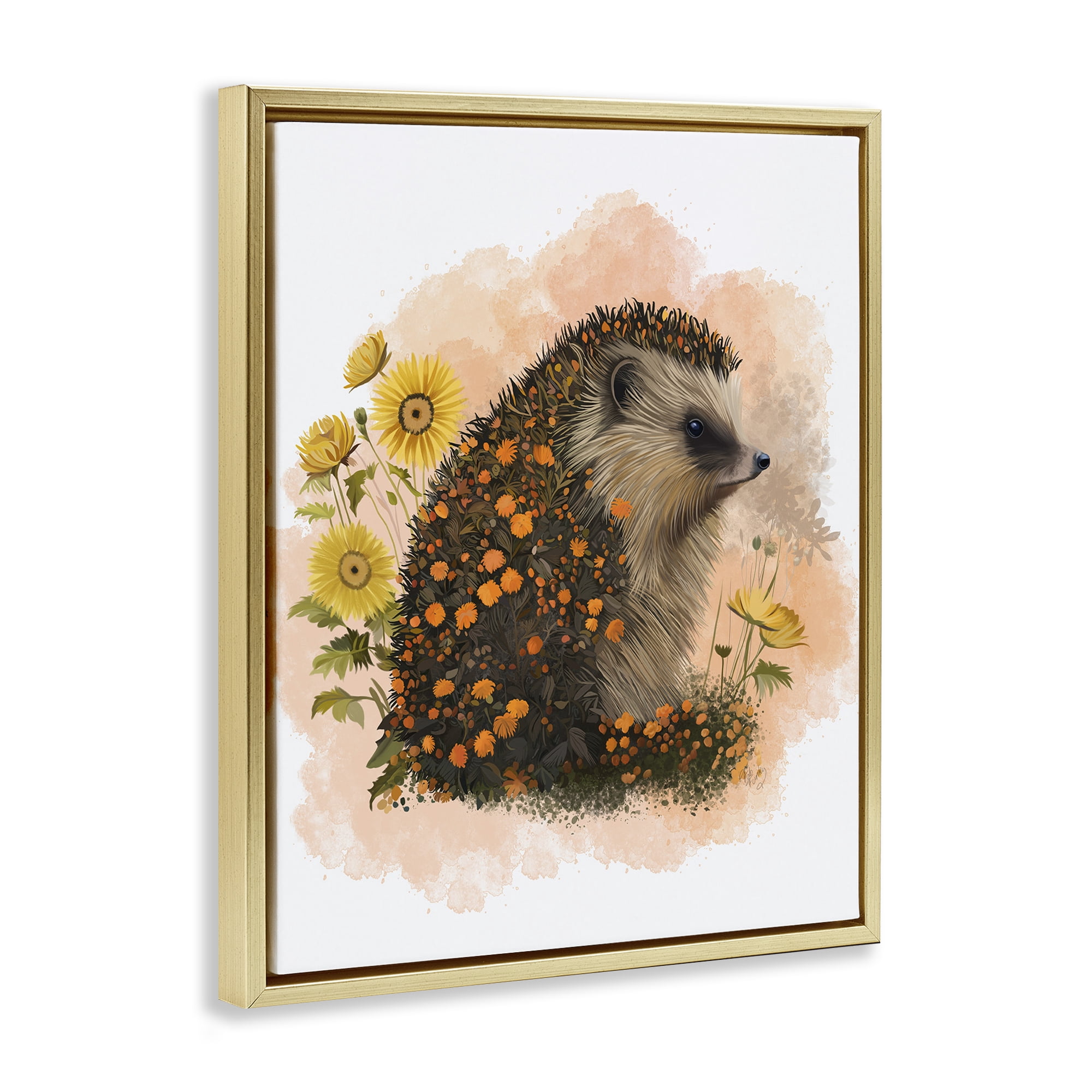 Stupell Industries Wildflower Patterned Hedgehog Animals & Insects Painting Gold Floater Framed Canvas Art Print Wall Art, 17 x 21