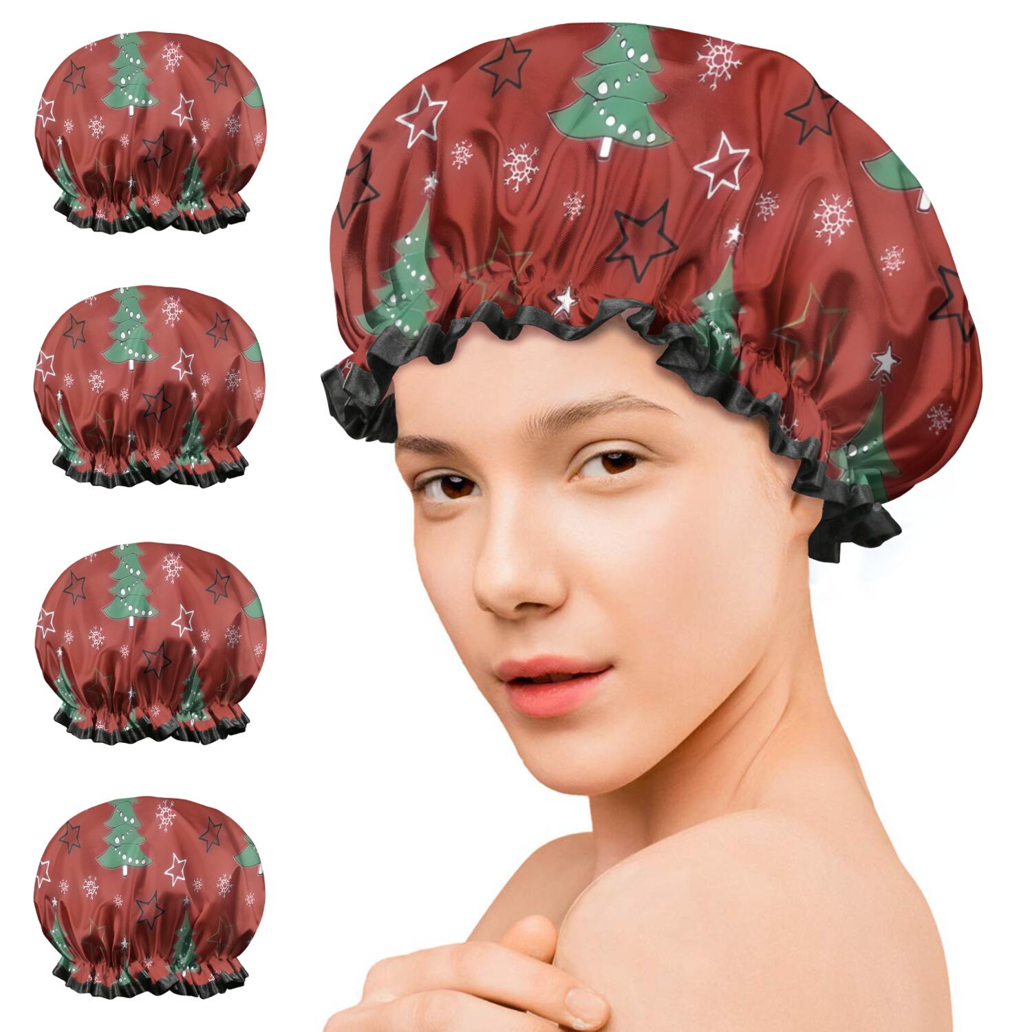 Shower Caps,Red Christmas Tree Pattern Waterproof Shower Cap for Women 4 Pieces,Double Reusable Hair Cover for Shower PEVA Elastic Stretch Hem