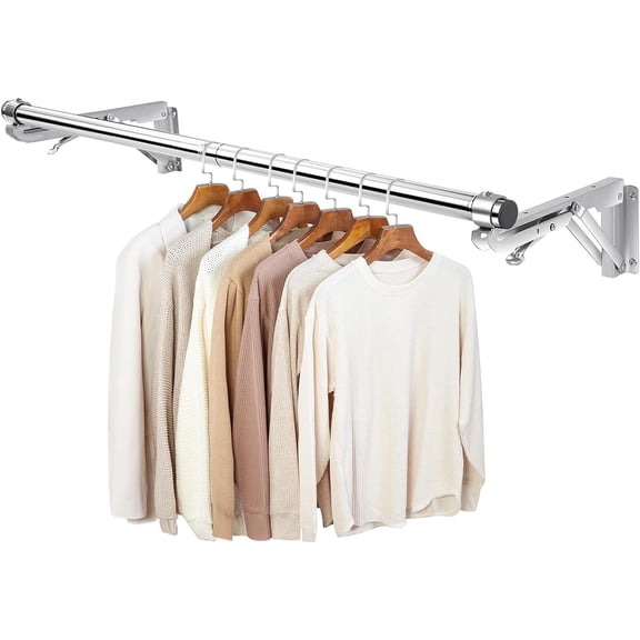 Foldable Wall Mounted Clothes Rack-30'' Long Rod&2 Thick Bases,Stainless Steel,Multi-Purpose for Space-Saving Garment Rack/Clothes Drying Rack/Clothes Hanger,Detachable and Top Shelf Room Reserved