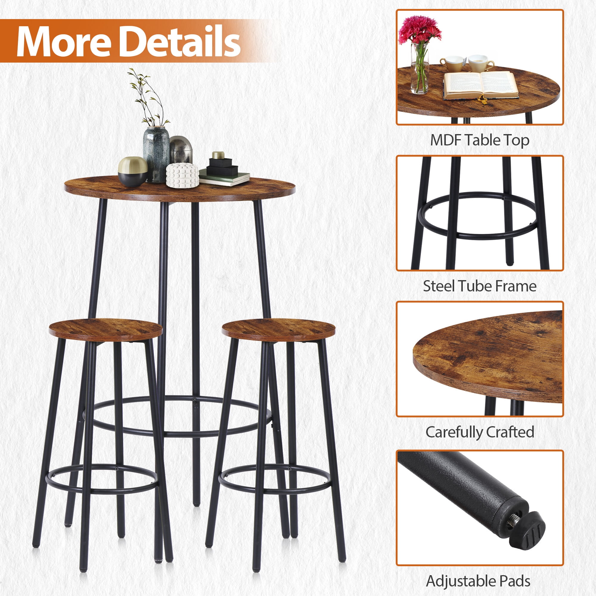 ZENSTYLE 3 Piece Pub Dining Table Set Wooden Round Breakfast Tables w/2 Bar Chairs Stools Brown
