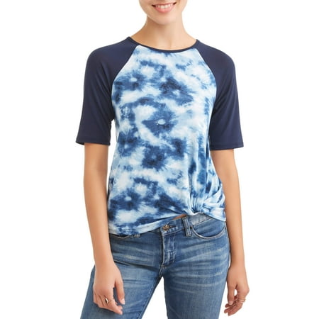 Juniors' Tie Dye Twist Front Raglan Short Sleeve T-Shirt
