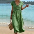thumbnail image 2 of Domzest Womens Midi Dress Short Sleeve V Neck Linen Look Lace Trim Empire Waist Casual Summer Flowy Beach Vacation Sundress Green M, 2 of 9