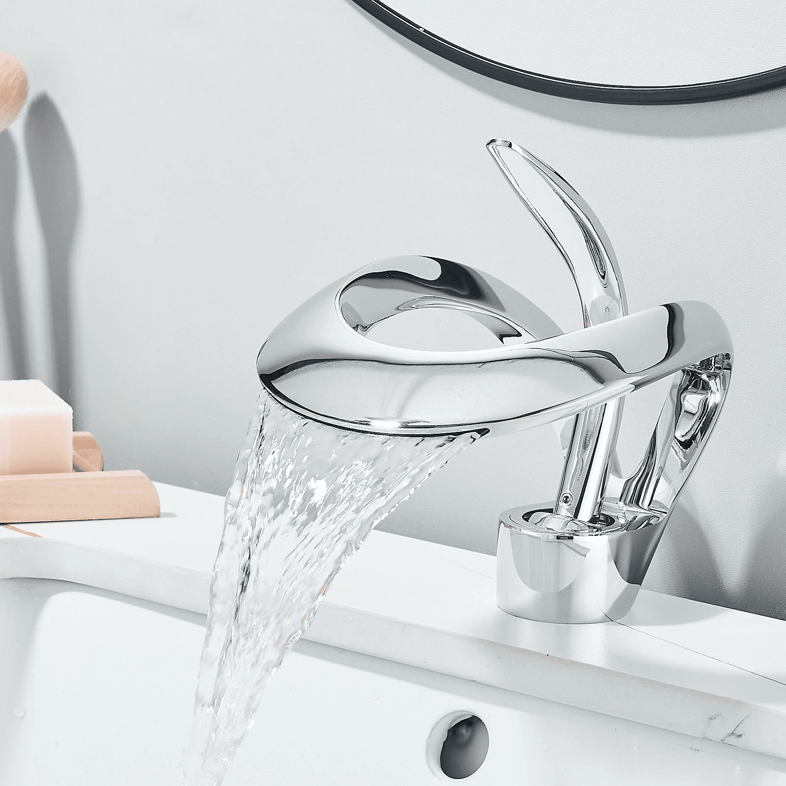 Zovajonia Chrome Waterfall Bathroom Sink Faucet Round 1 Hole Single Handle Modern Basin Faucet Deck Mount Mixer Tap Creative Hollowed Body Design