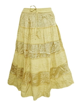 Mogul Women's Peasant Skirt Velvet Patch Yellow Bohemian Fashion A-Line Gypsy Hippie Chic Skirts S/M