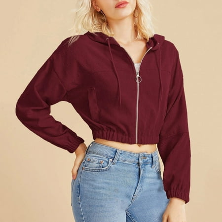 

Simplmasygenix Zip up Hoodies for Women Plus Size Women Casual Solid Corduroy -Up Pocket Shirt Hooded Sweatshirt Cropped Jacket