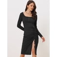 thumbnail image 2 of Vestido Ajustado de Punto de Manga Larga con Cuello Cuadrado para mujer Negro S, 2 of 5