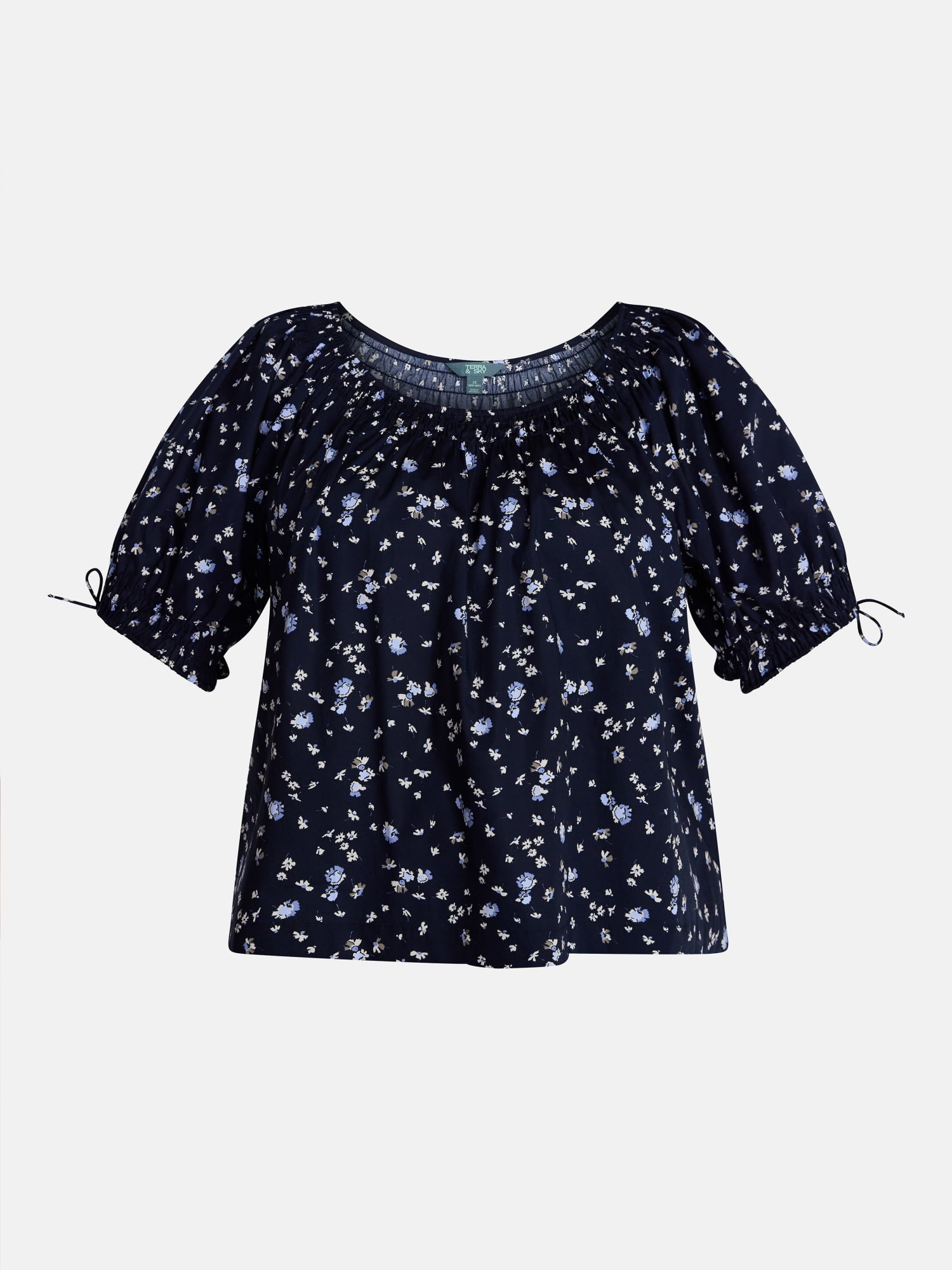 Terra & Sky Women's Plus Scoop Neck Top with Short Tie Puff Sleeves, Sizes 0X-5X