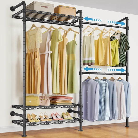 Timate F2 Industrial Pipe Clothes Rack Wall Mounted Clothing Rack for Hanging Clothes,Black