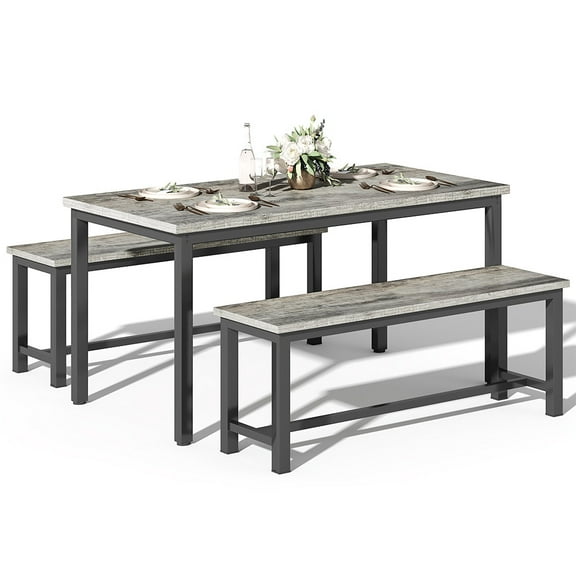 LinkRomat 3 Piece Dining Room Table Set for 4, 47" Farmhouse Dining Table with Benches, Rectangular Kitchen Sets for Small Space, Apartment, Restaurant, Grey & Black