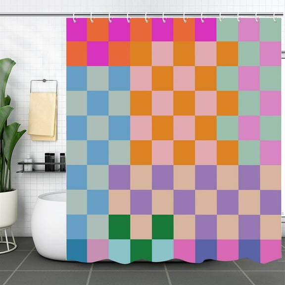 Retro Checkered Shower Curtain Colorful Geometric Modern Rainbow Minimalist Groovy Simple Bright Aesthetic Home Bathroom Decor Waterproof Fabric 70Lx70W Inch with Plastic 12PCS Hooks