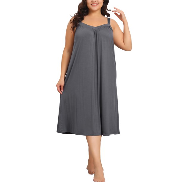 Noche de mujer plus size Agnes Orinda, vestido de dormir sin mangas con tirantes de espagueti, escote en V, plisado, midi, 1X gris