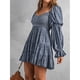 thumbnail image 3 of Vestido de una línea con hombros descubiertos, cuello en V, manga larga, cintura, vestido estampado plisado adelgazante para mujer, azul oscuro L, 3 of 6