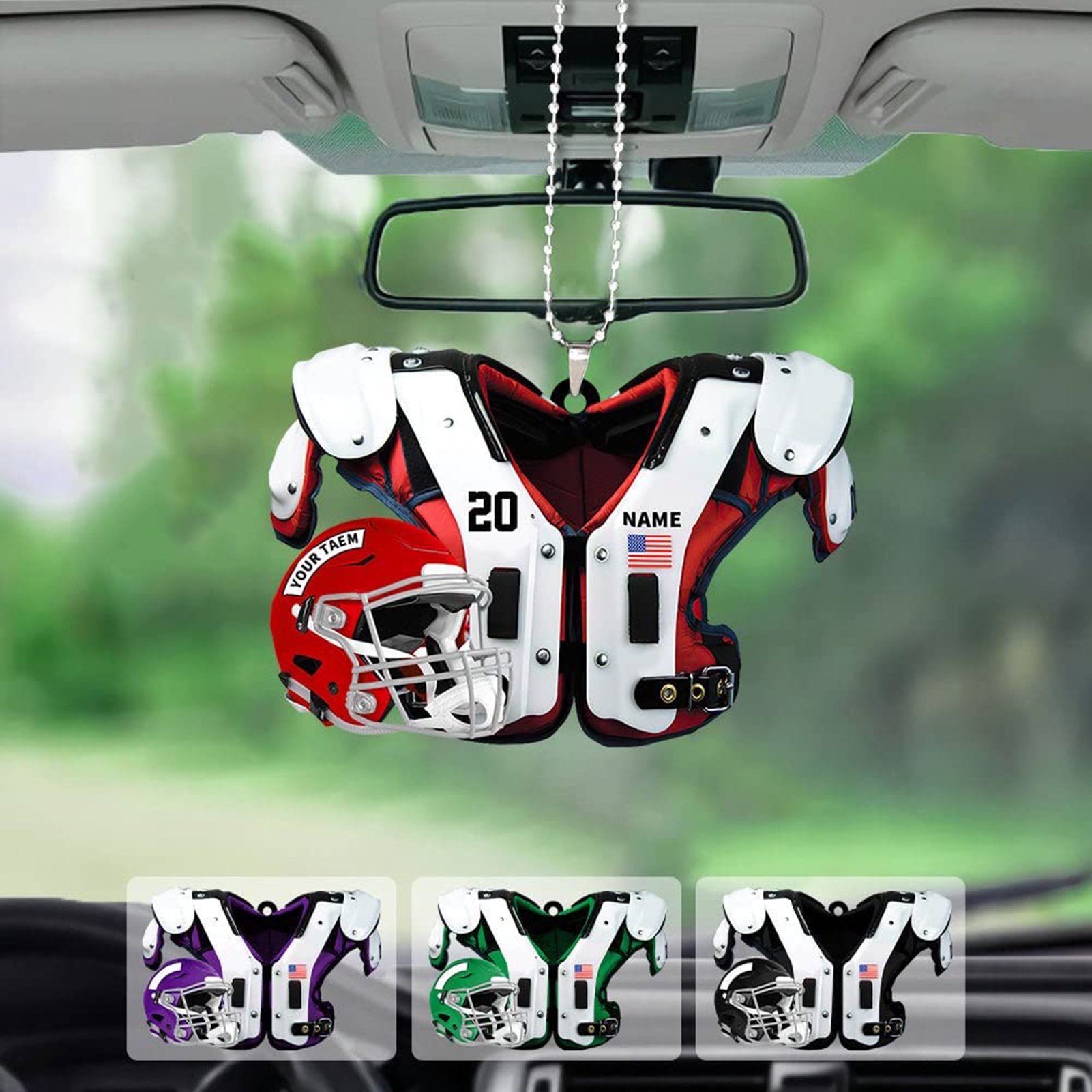 Manunclaims Car Soccer Ornament Flat Shape with Helmet Realistic Unique Design Handmade Decorate Car Hanging American Football Shoulder Pads Football Fans Gift