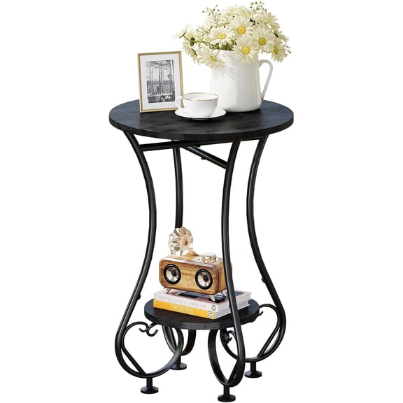 Side Table,Small Round End Table for Small Spaces - Round Bedside Nightstand Table with Metal Frame,Couch Sofa Coffee Table,Retro Accent Table for Living Room Bedroom Balcony,Black,Upgraded Version