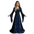 thumbnail image 5 of KICILVS Witch Costume Women Hooded Gothic Robe Corset Waist Bell Sleeve Maxi Length Damask Print Vampire Cloak Outfit Blue, 5 of 5