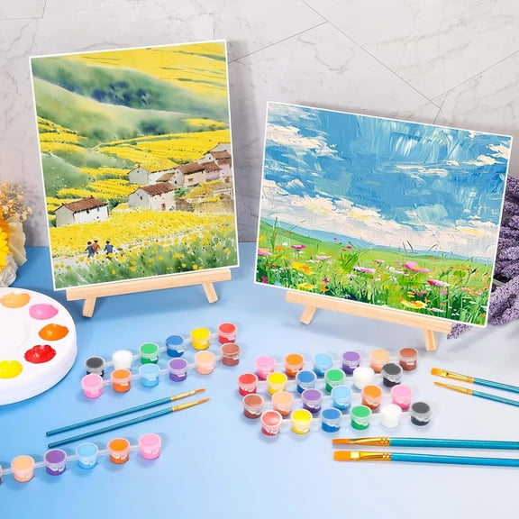 150pcs Painting Supplies Kit, 8 * 10In Canvas Bulk with Easel Stand, 12 Colors Mini Acrylic Paint Set, Artist Paint Brushes Set, Paint Trays, Sip and Paint Kit for Adults