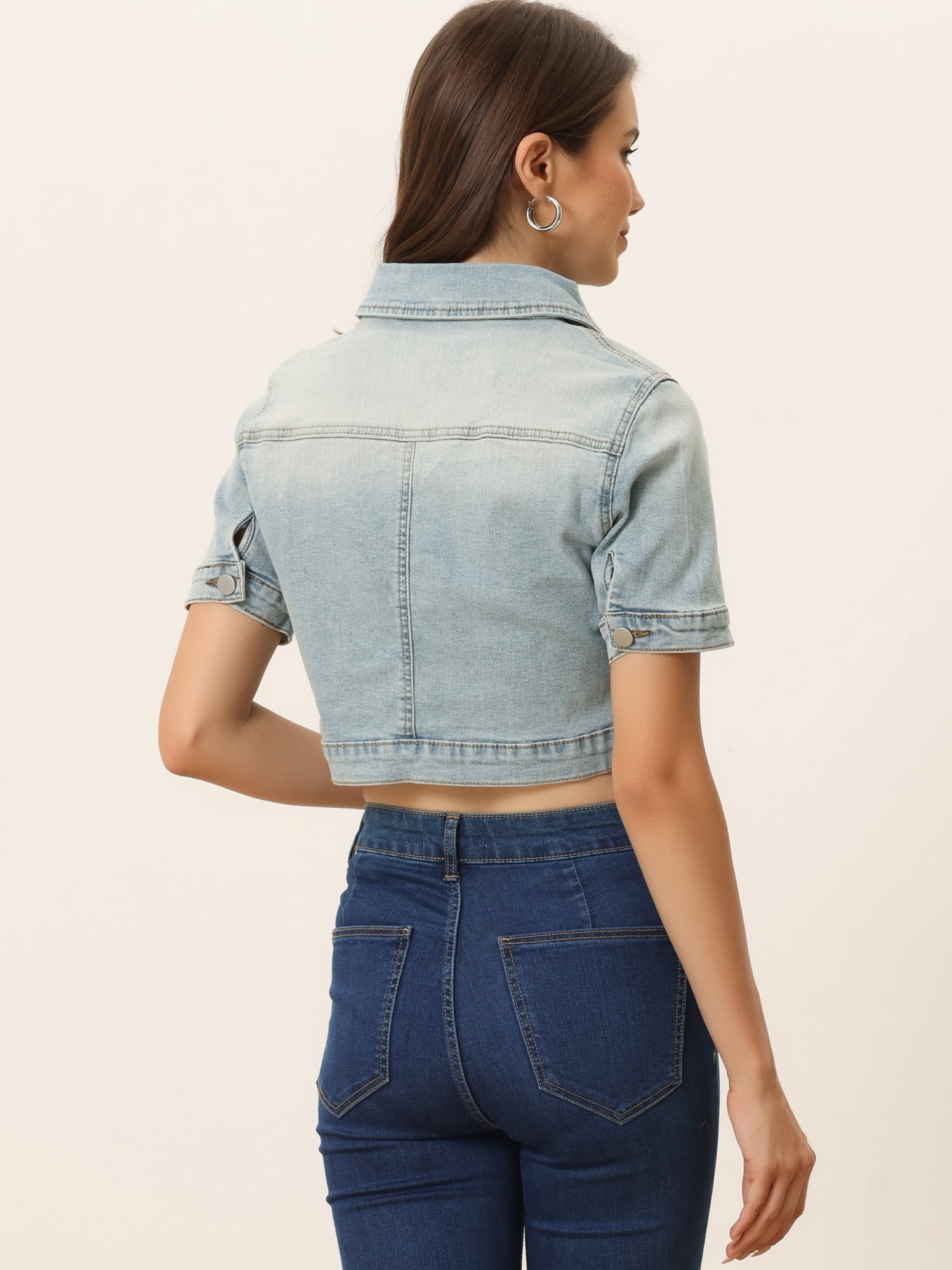 DARING DIVA Women's Short Sleeves Crop Button Down Denim Jacket S Grey Blue