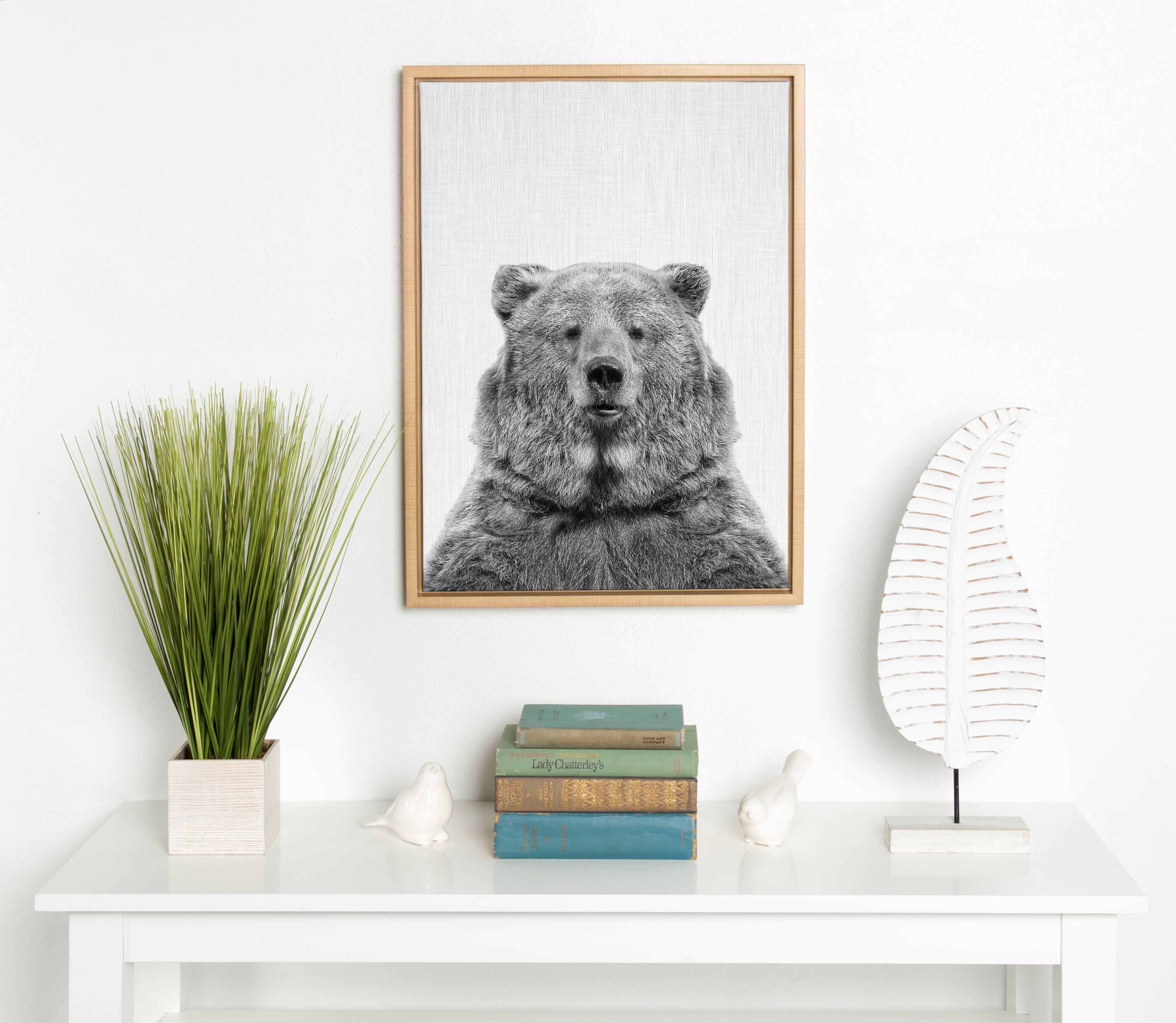 Kate and Laurel Sylvie Bear Animal Print Black and White Portrait Framed Canvas Wall Art by Simon Te Tai, 18x24 Natural