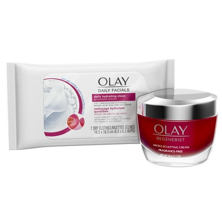 Olay Regenerist Micro-Sculpting Cream Face Moisturizer, Fragrance-Free 1.7 oz + Daily Facial Dry Cleansing Cloths, 7