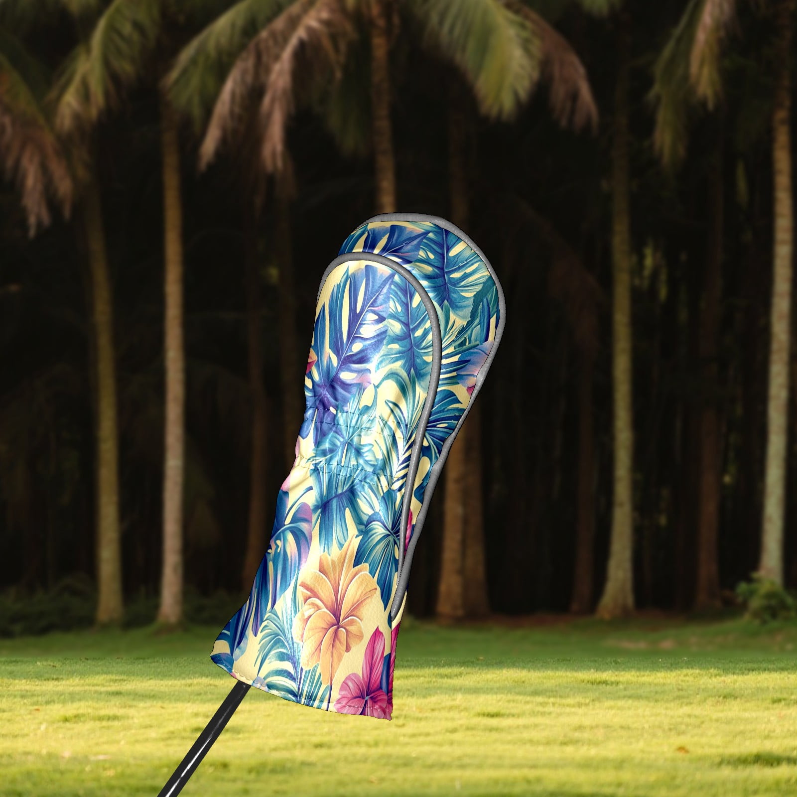 Golf Club Covers PU Leather Waterproof Head Covers for Fairway Woods Hybrids Tropical Leaves