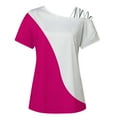 thumbnail image 4 of Women's Tops Trendy Cross One Shoulder Color Block Crew Neck Short Sleeve Shirts Summer Casual Loose Blouses (XL, Hot Pink), 4 of 5