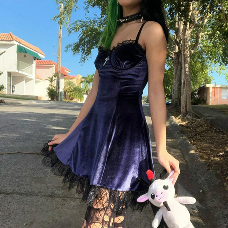 Women Gothic Punk Sexy Velvet Ruffles Lace Trim Cross Sleeveless Slim Mini  Dress 