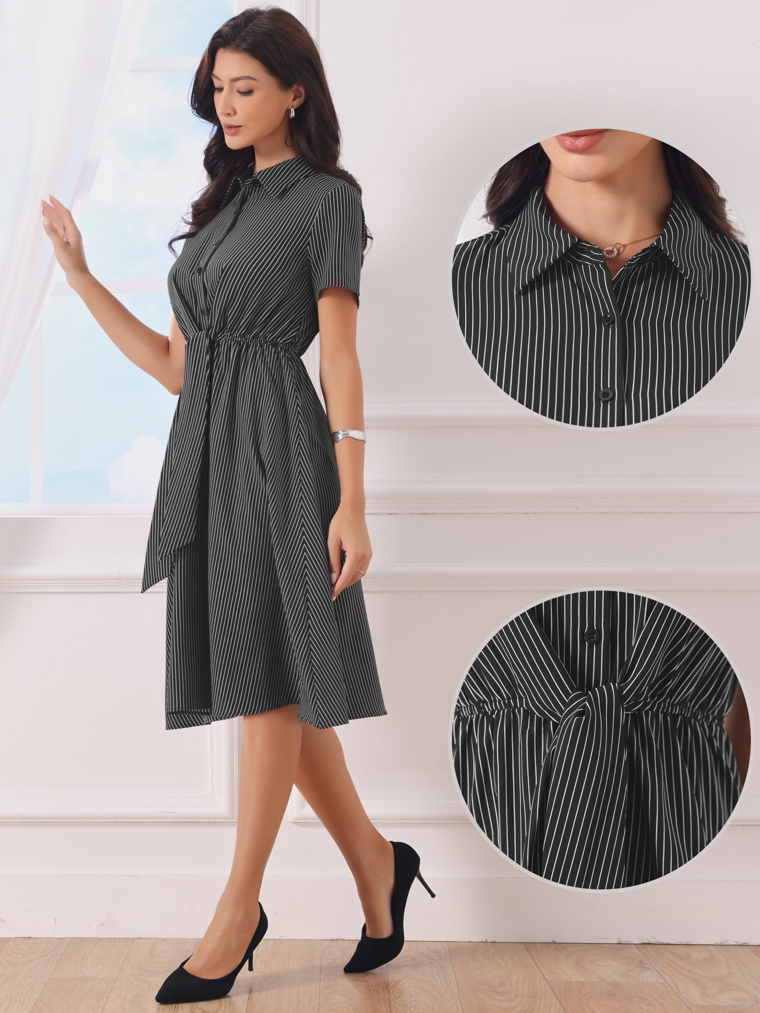 DARING DIVA Women's Lapel Striped Collared Tie Waist Button Down Work Dresses S Black