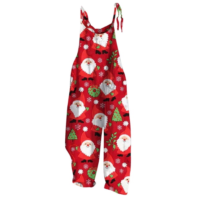 Combinaison de Noël pour Femmes Imprimé Bonhomme de Neige Bretelles Réglables Jambes Larges Combinaison Ample