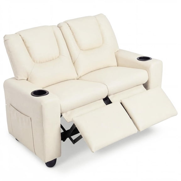 Patiojoy 2-Seater Kids Recliner Chair Double Toddler Loveseat Sofa with 2 Cup Holders and 2 Side Pockets Beige
