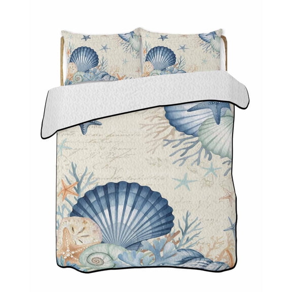 Quilts King Size Bedding Set, Navy Blue Shell Coastal Lightweight Quilted Comforter, Beige Starfish Coral Summer Beach Soft Reversible Bedspread Coverlet with Pillow Covers for All Season, 96" x 106"