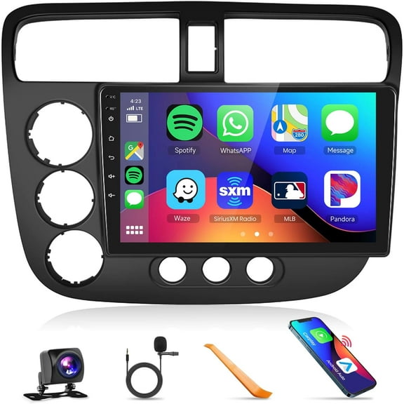 Build-in DSP Car Stereo Radio for Honda Civic 2001 2002 2003 2004 2005 with Wireless CarPlay Android Auto MirrorLink 9 inch HD IPS Touch Screen Bluetooth GPS WiFi Backup Camera Mic