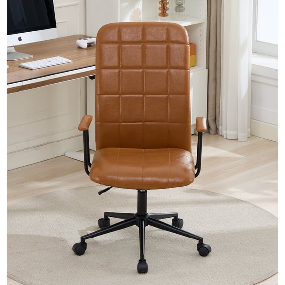 Brown Faux Leather High-Back Office Chair – Padded Tufted Desk Chair with Adjustable Height & Swivel