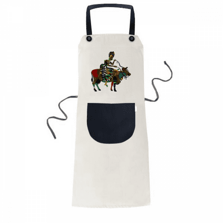 

Cow Ride China Minority Dressing Totem Apron Adjustable Bib Cotton Linen BBQ Kitchen Pocket Pinafore