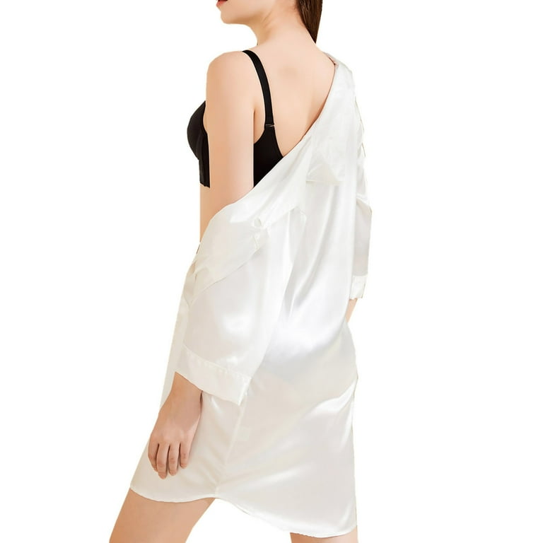 Ifnnd Women's Satin Kimono Button Robe Half Sleeve Bathrobe Bridesmaid Wedding Party Dressing Gown, Size: Small, White