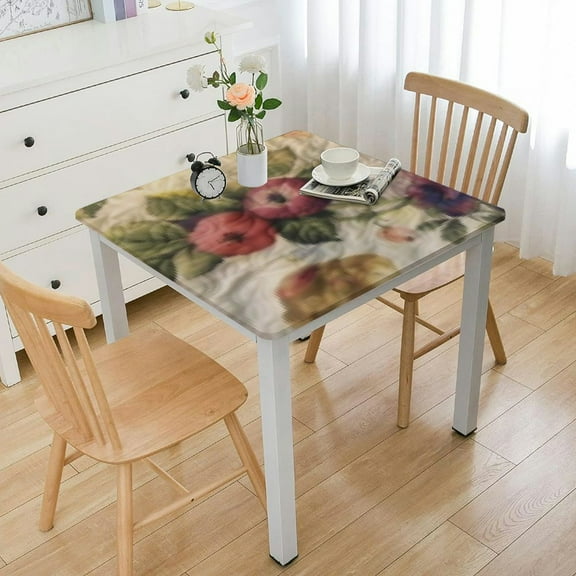 BANET Elastic Edged Flannel Backed Vinyl Fitted Table Cover - Antique Fruit Pattern - Small Square - Fits Square Tables white