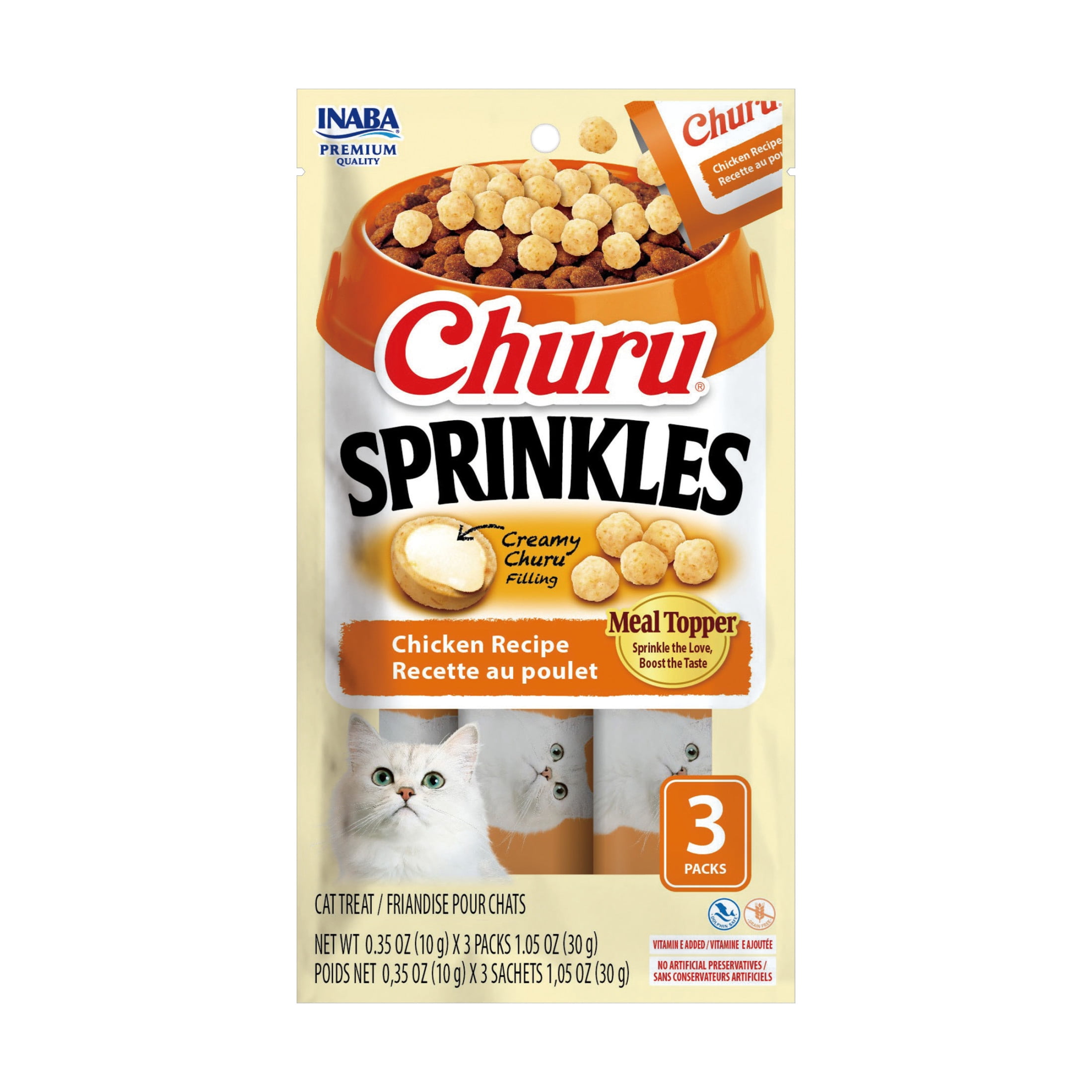 (16 pack) INABA Churu Sprinkles Cat Meal Topper, Soft & Chewy Baked Chicken with Taurine, Chicken Recipe, 0.35 oz Packs, 3‑Count