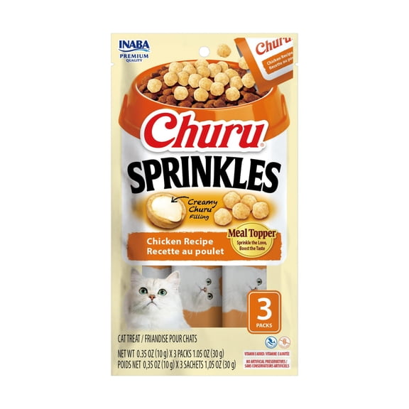 INABA Churu Sprinkles Cat Meal Topper, Soft & Chewy Baked Chicken with Taurine, Chicken Recipe, 0.35 oz Packs, 3‑Count