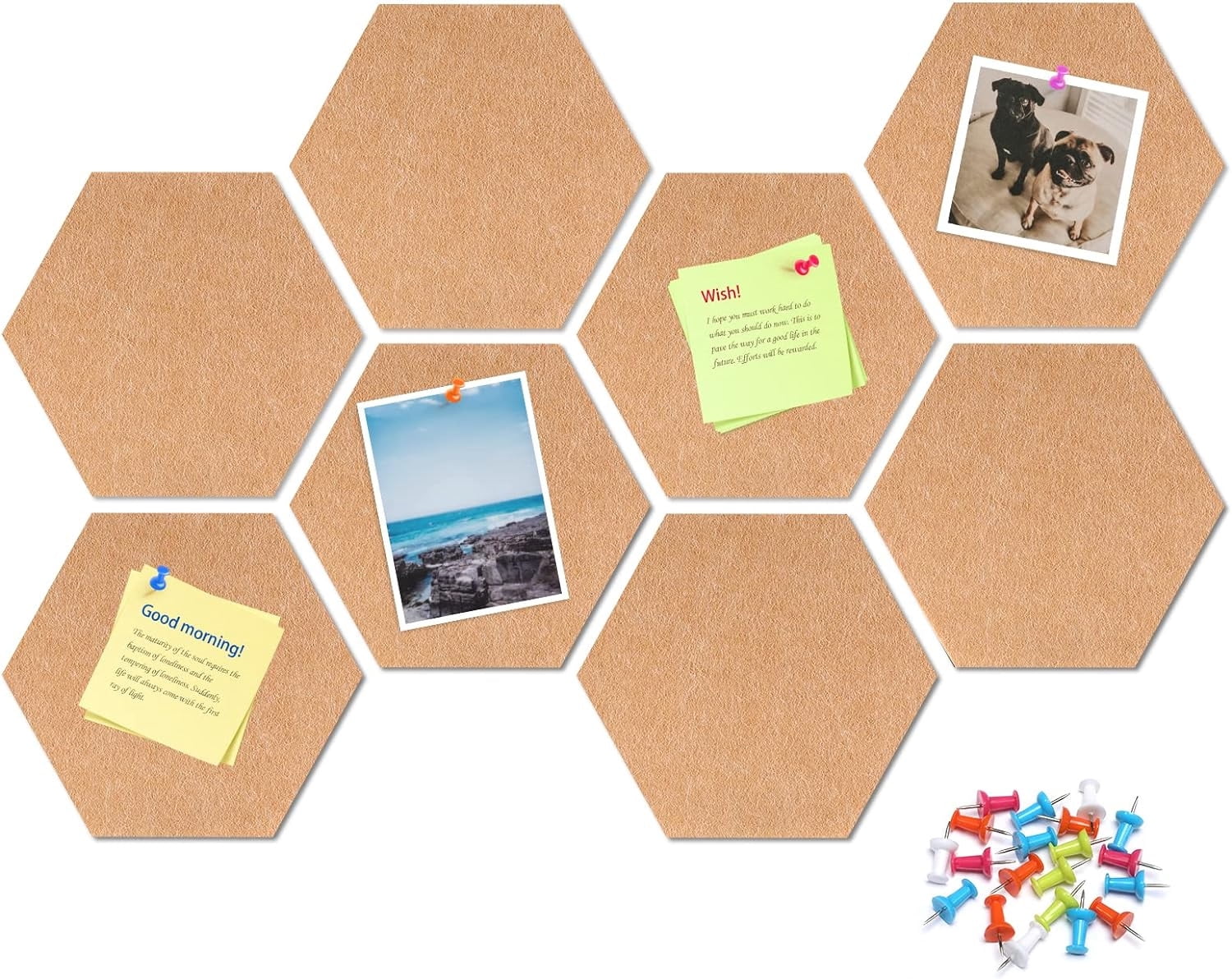 Bexikou 6 Pack Cork Board Hexagon Bulletin Boards Cork Tiles,Self-Adhesive Corkboards with Push Pins,Decorative Display Boards for Wall Home School Office