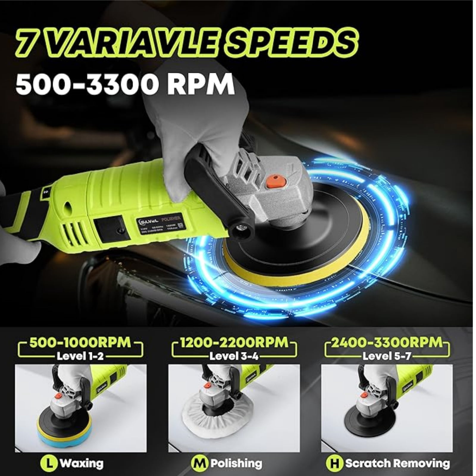 Gewna Car Buffer Polisher, 1600W 7 inch/6 inch Rotary Buffer Polisher with 7 Variable Speed 1000-3500 Rpm GREEN