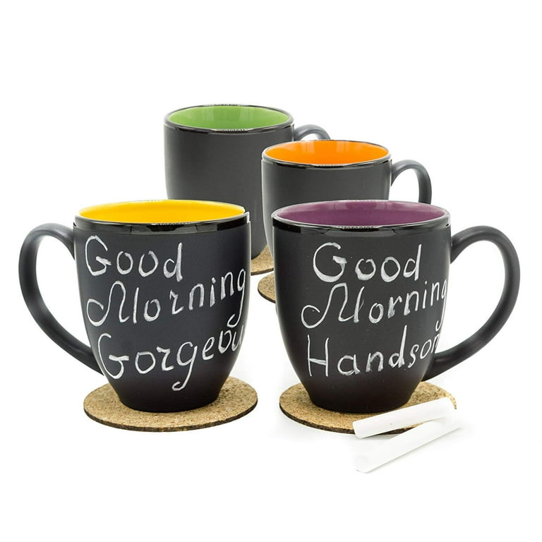 Bistro Coffee Mug Set of 4 - Large 14 Ounce - Purple - Tea Latte Cappuccino  Ceramic Cups - Matte Black Mugs w/Chalk and Coasters 
