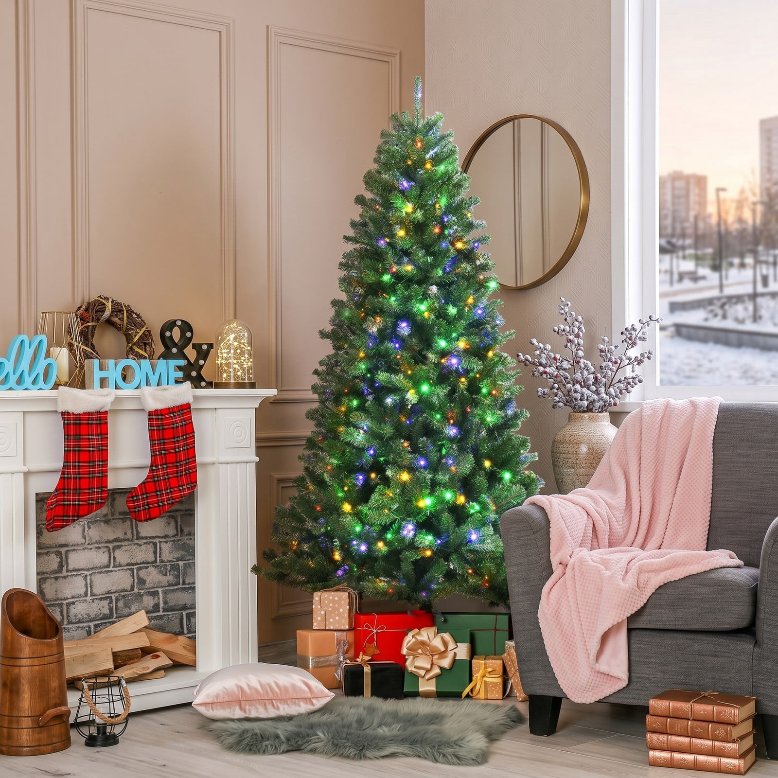 RUIE 7FT Artificial Pre-Lit Hinged Christmas Tree with 500 Remote-Controlled Color-Changing LED Lights, 1181 Tips Full Holiday Xmas Tree with Metal Stand, Green