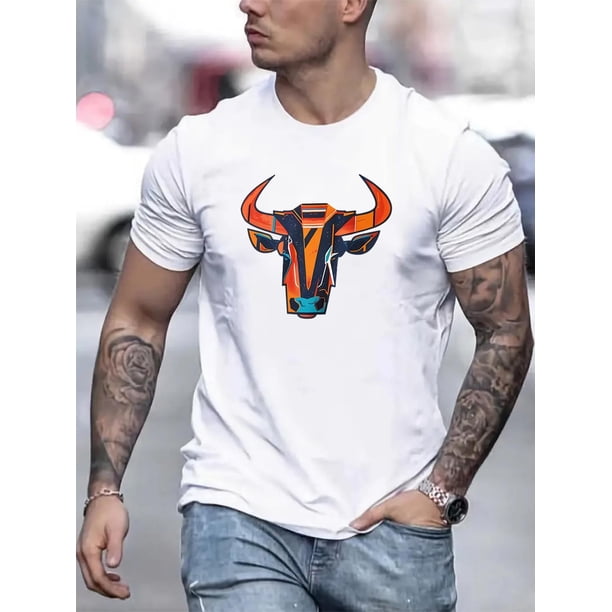 Colorful Stylish Bull Print, Men's Casual Comfy Crew Neck Short Sleeve T-shirt, Men's Trendy Clothes Outdoor, Men's Breathable Tops For Summer Tee For Adult, Men, Women, Teen, Teenager, Adolescent, Y