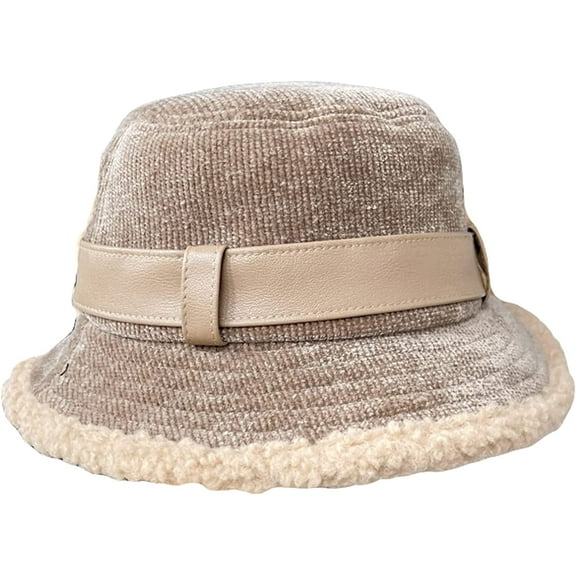 CoCopeaunts Large Bucket Hat for Women Outdoor Leisure Warm Corduroy Basin Hat Lambs Wool Brim with Pu Leather Belt Fisherman Hat