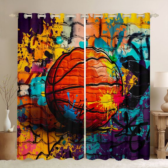 Homewish Kids Teenagers Sport Basketball Print Blackout Curtains Set of 2 (52x84 Each),Abstract Football Gamer Window Curtains,Watercolor Graffiti Splash Curtains and Drapes