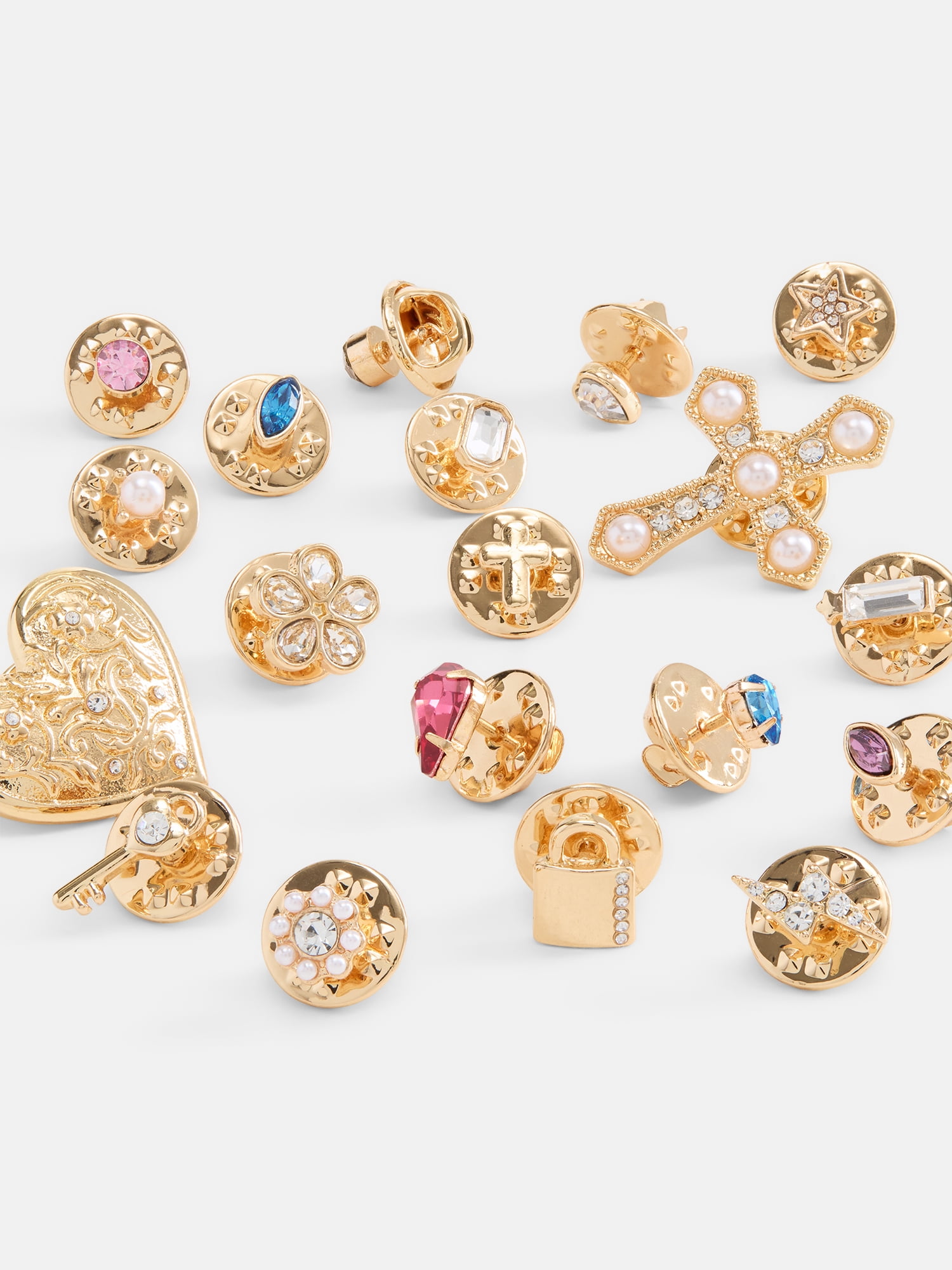 No Boundaries Women’s Gold Tone Pins Set with Heart and Cross, 19 Pieces