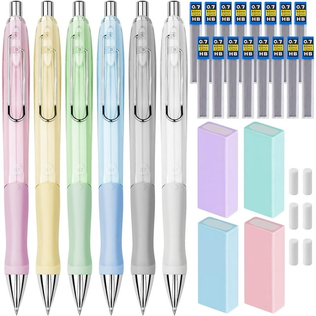 czcpp-0.7mm Mechanical Pencils 6-Pack, 16 Lead Refills, 4 Erasers, 6 Cap Erasers - Ideal for Writing, Sketching, Drawing, Drafting with HB Lead in 6 Pastel Colors, Perfect for Office or School Use